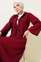 Kadın Ceket Yaka Ağaç Kabuğu Dokulu Etekli Takım Bordo - 2XL