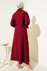 Kadın Ceket Yaka Ağaç Kabuğu Dokulu Etekli Takım Bordo - 2XL