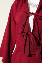 Kadın Ceket Yaka Ağaç Kabuğu Dokulu Etekli Takım Bordo - 2XL