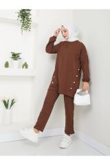 Kadın Düğme Detaylı Crep Takım Kahverengi - 2XL