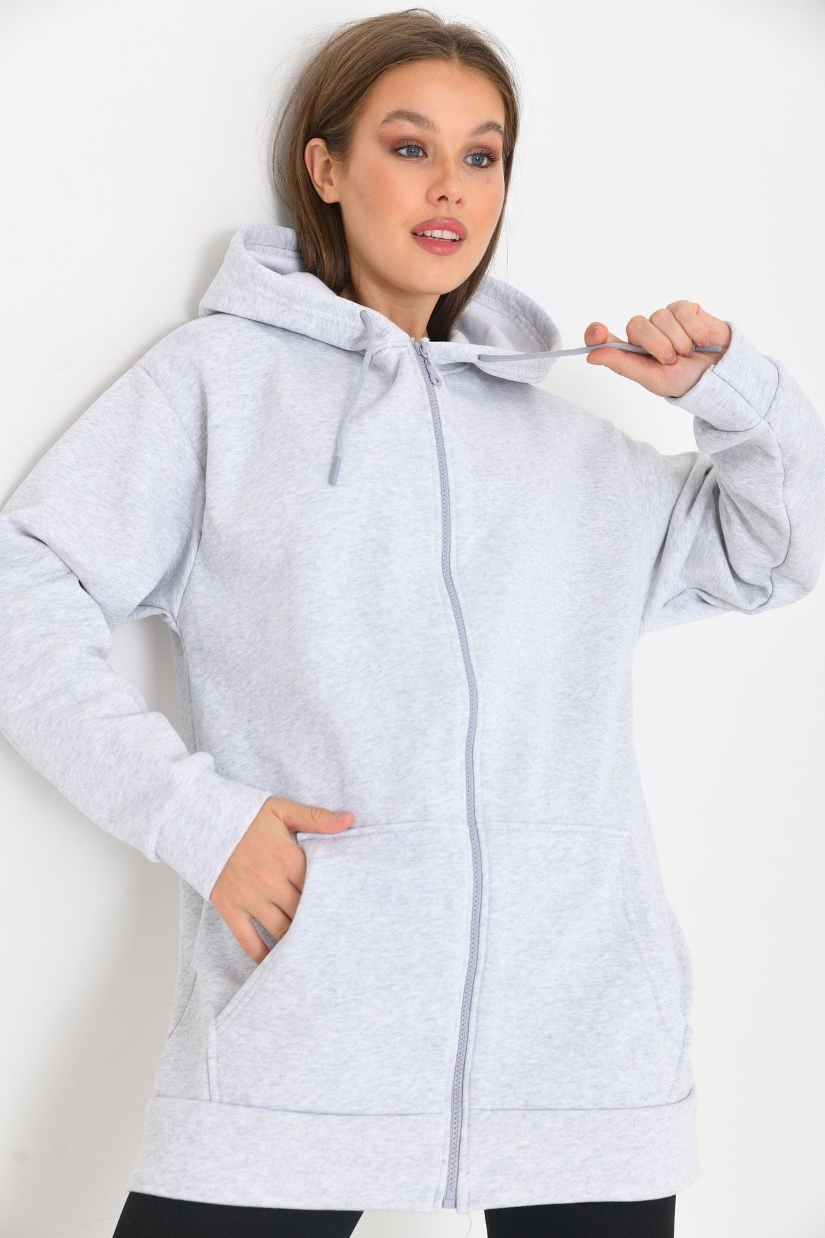 Kadın Fermuarlı Kapüşonlu Sweatshirt Gri - XL