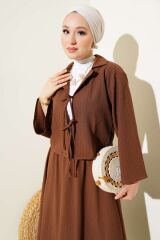Kadın Ceket Yaka Ağaç Kabuğu Dokulu Etekli Takım Kahverengi - M