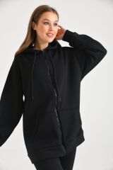 Kadın Fermuarlı Kapüşonlu Sweatshirt Siyah - L