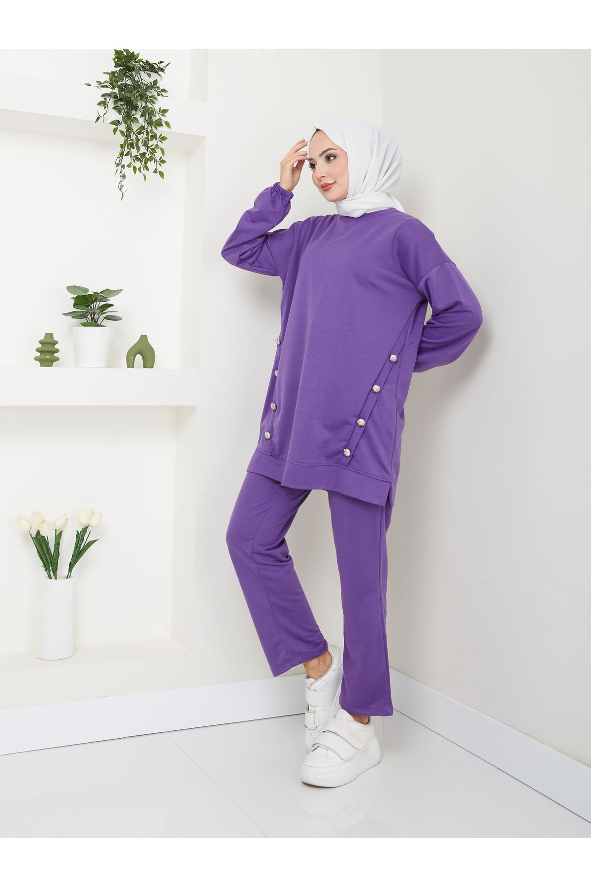 Kadın Düğme Detaylı Crep Takım Mor - XL