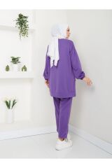 Kadın Düğme Detaylı Crep Takım Mor - XL