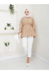 Kadın Gömlek Yaka Kalp Detaylı Tesettür Tunik Bej - L/XL