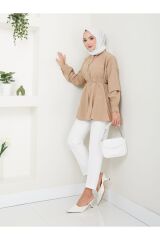 Kadın Gömlek Yaka Kalp Detaylı Tesettür Tunik Bej - L/XL