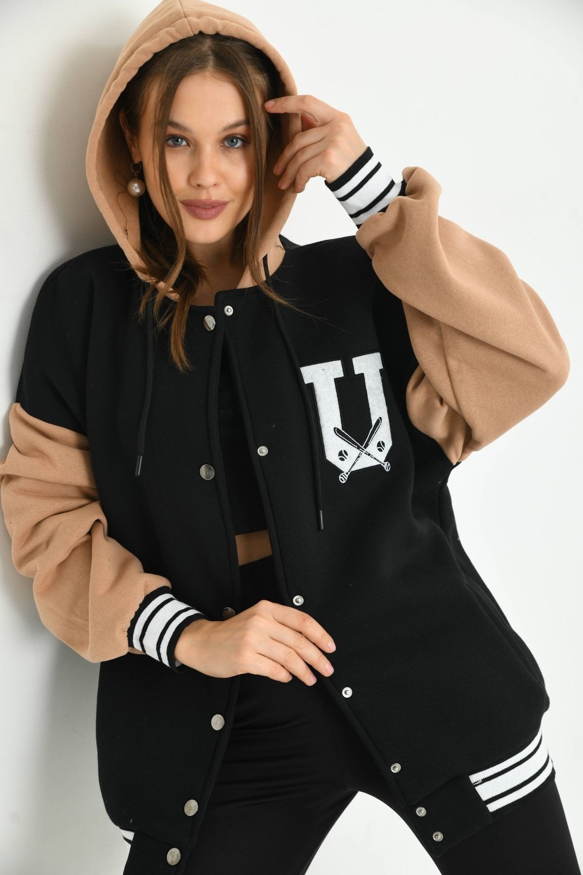 Unisex Kapüşonlu Usa Nakışlı Kolej Ceket