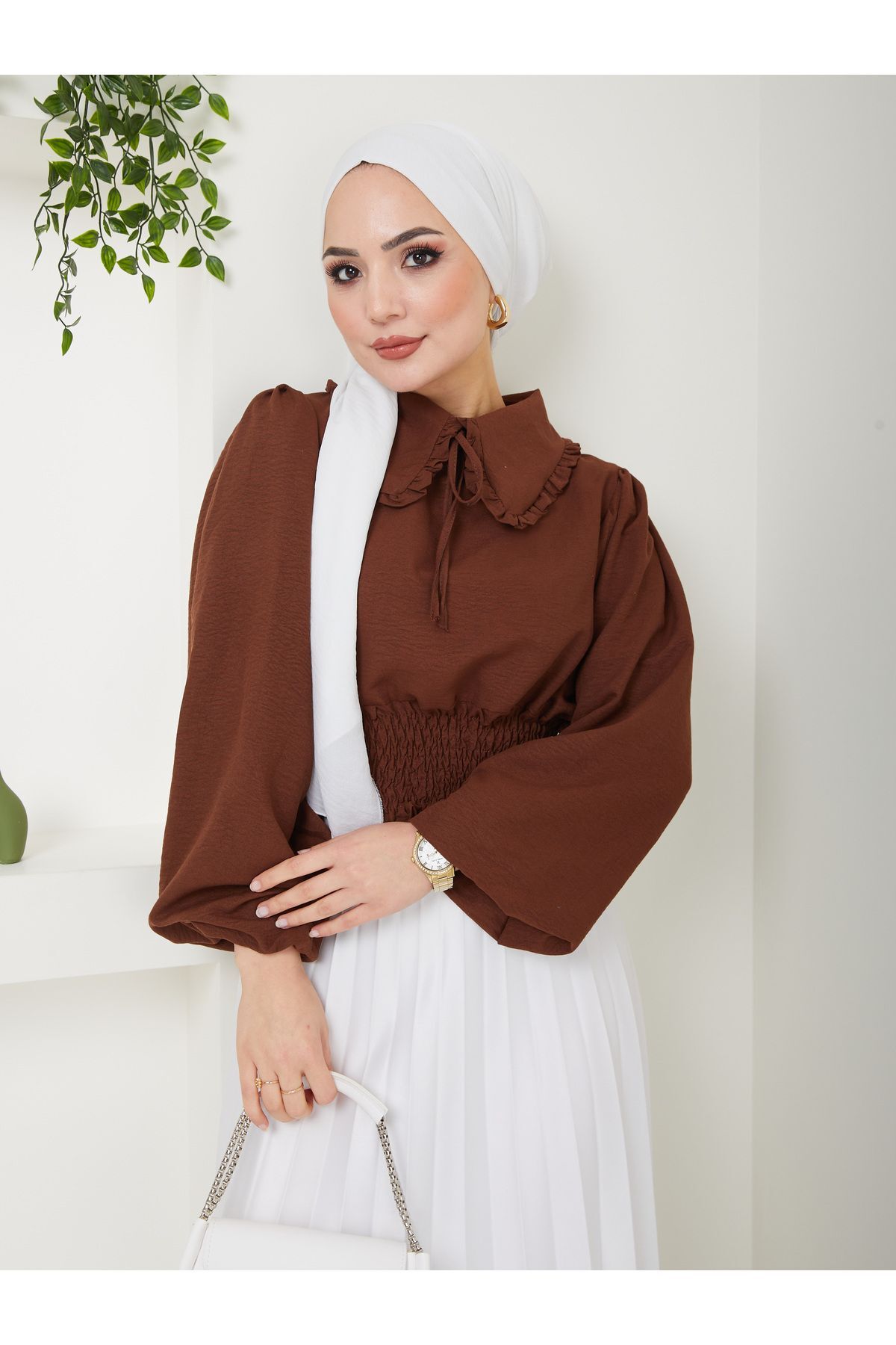 Kadın Ayrobin Bebe Yaka Tesettür Bluz Kahverengi - XL