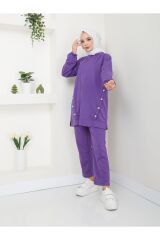 Kadın Düğme Detaylı Crep Takım Mor - L