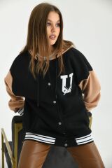 Unisex Kapüşonlu Sırt Nakışlı Kolej Ceket