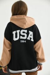 Unisex Kapüşonlu Sırt Nakışlı Kolej Ceket