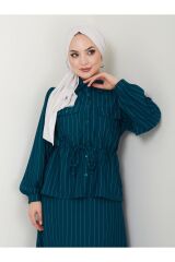 Kadın Bel Büzgülü Gömlek Yaka Çizgili Etekli Takım ZÜMRÜT - XL