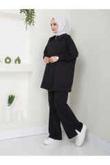 Kadın Paçası Yırtmaçlı Fermuar Yaka Detaylı Pantolonlu Tesettür Takım Siyah - 2XL