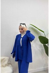 Ayrobin Bağcıklı pantolonlu Tesettür Alt Üst Takım Mavi - XL