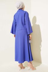 Kadın Ceket Yaka Ağaç Kabuğu Dokulu Etekli Takım Mavi - 2XL