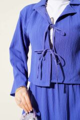 Kadın Ceket Yaka Ağaç Kabuğu Dokulu Etekli Takım Mavi - 2XL