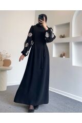 KOLLARI TÜL ÇİÇEKLİ ELBİSE Siyah - XL