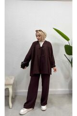 Ayrobin Bağcıklı pantolonlu Tesettür Alt Üst Takım Kahverengi - XL