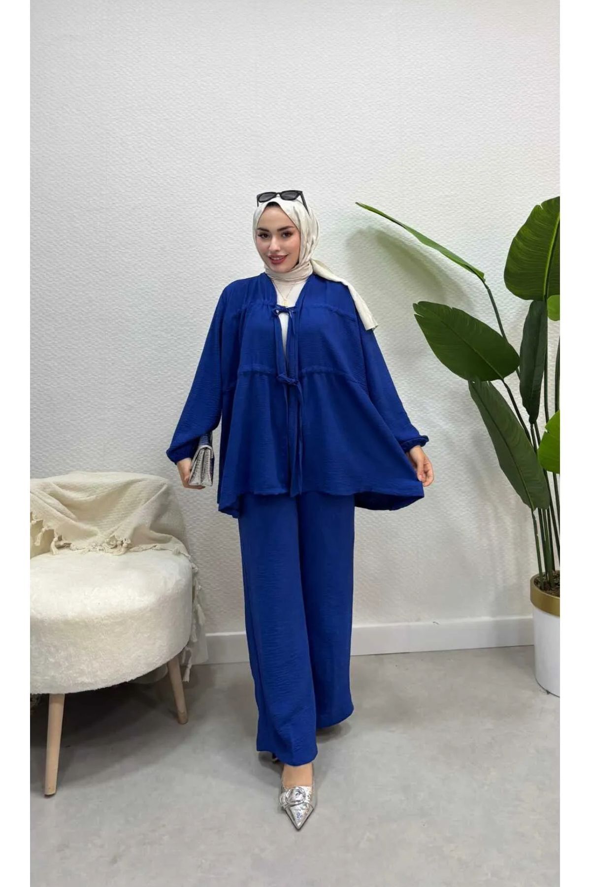 Ayrobin Bağcıklı pantolonlu Tesettür Alt Üst Takım Mavi - S