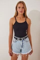 Kadın Fitilli Crop Halter Yaka Örme Atlet Siyah - 38