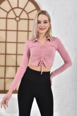 Kadın Pudra Crop Bluz Gömlek Yaka