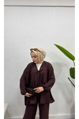 Ayrobin Bağcıklı pantolonlu Tesettür Alt Üst Takım Kahverengi - M