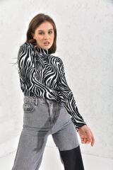 Kadın Zebra Desen Balıkçı Yaka Uzun Kollu Bluz