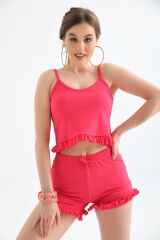 Kadın Fuşya Askılı Fırfırlı Pijama Takımı Fuşya - M