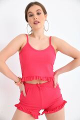 Kadın Fuşya Askılı Fırfırlı Pijama Takımı Fuşya - S