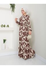 Kadın Çiçek Desenli Maxi Boy Kuşaklı Elbise Kahverengi - XL