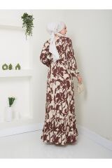 Kadın Çiçek Desenli Maxi Boy Kuşaklı Elbise Kahverengi - XL
