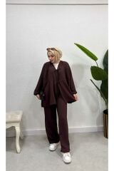 Ayrobin Bağcıklı pantolonlu Tesettür Alt Üst Takım Kahverengi - 2XL