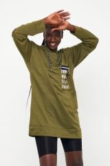 Kadın Kapüşonlu Cep Detay Sweatshirt Haki - L