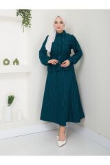 Kadın Bel Büzgülü Gömlek Yaka Çizgili Etekli Takım ZÜMRÜT - 2XL