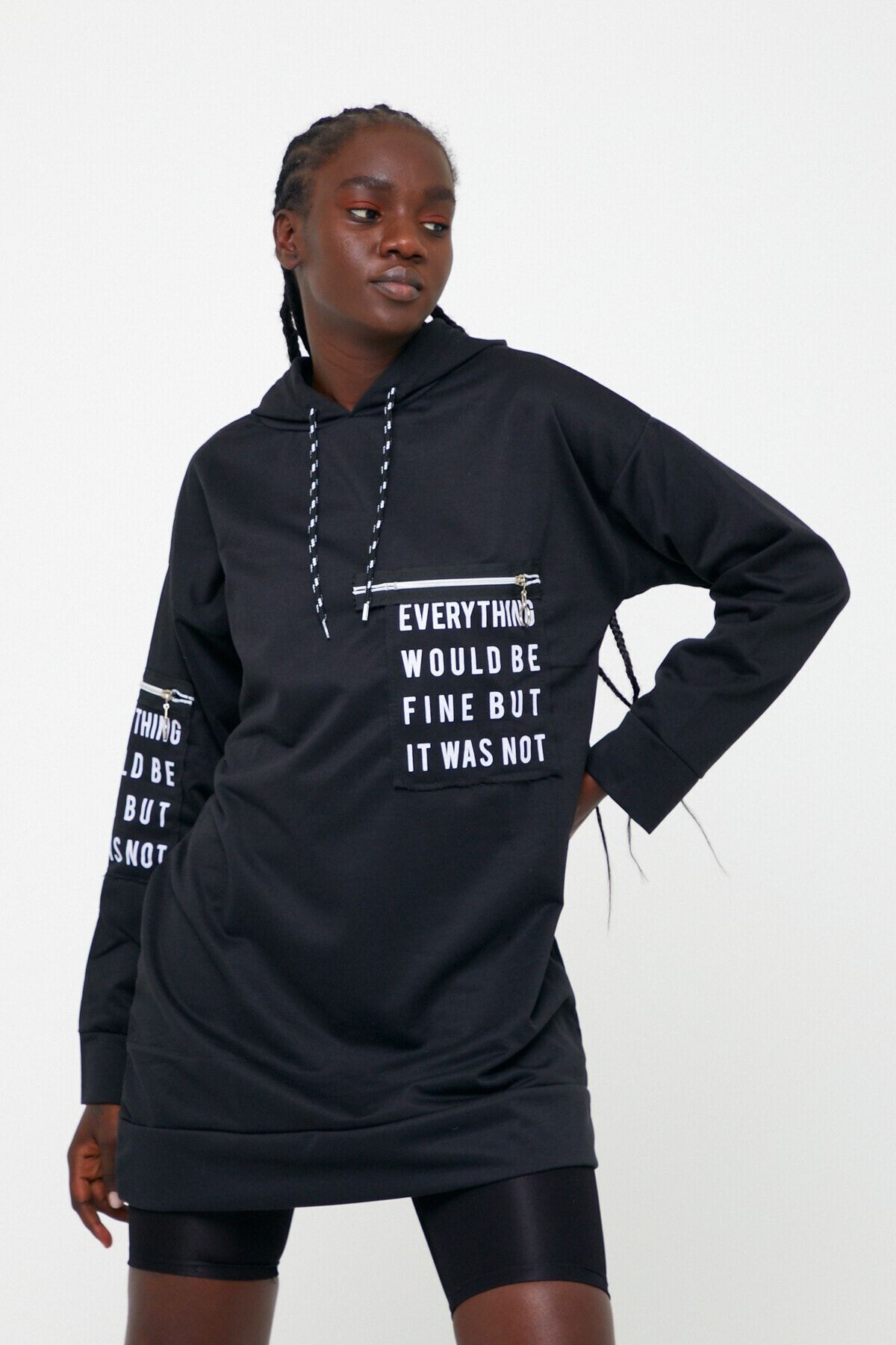 Kadın Kapüşonlu Cep Detay Sweatshirt Siyah - L