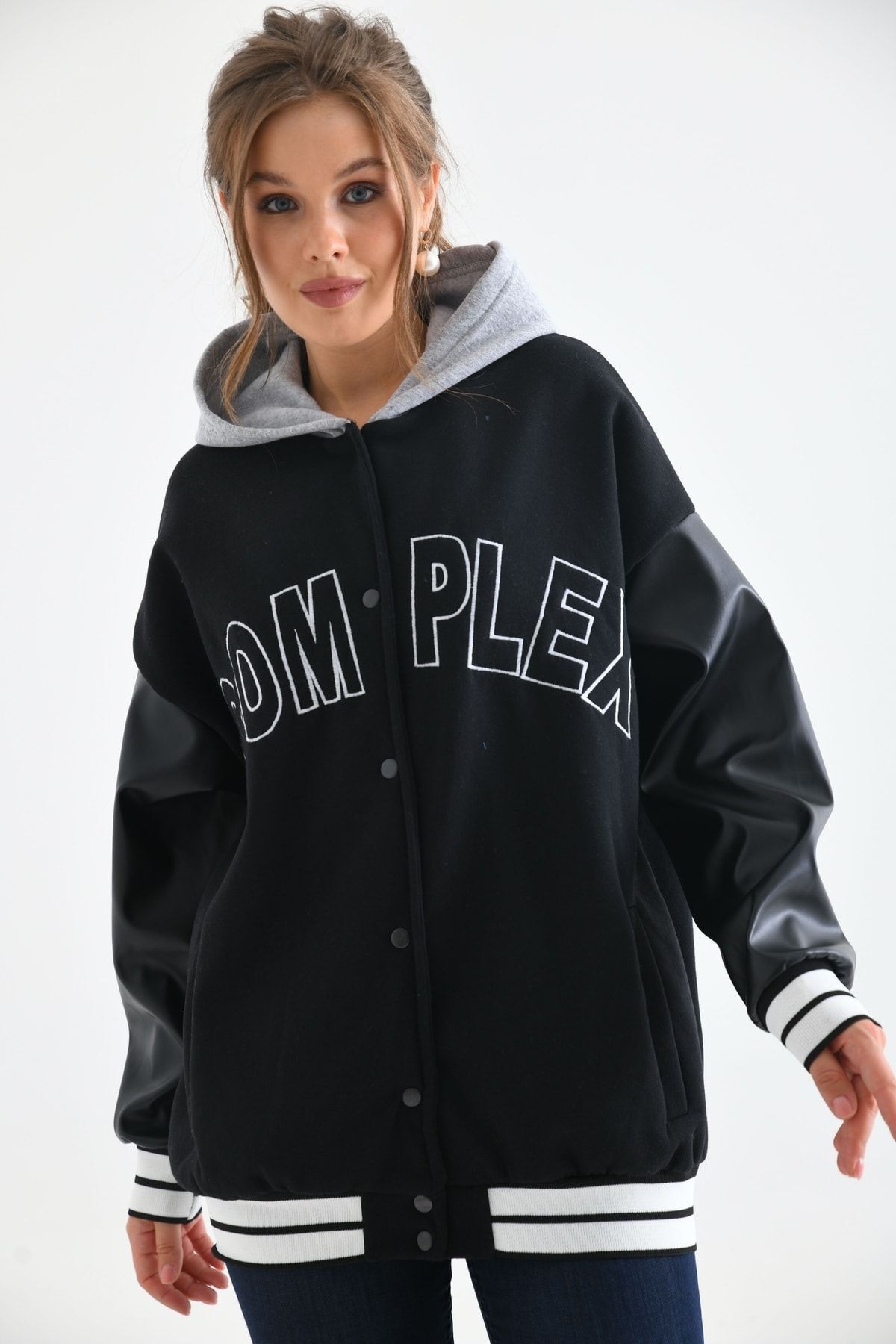 Unisex Complex Naskışlı Kol Detay Kapüşonlu Kolej Ceket -siyah Siyah - XL