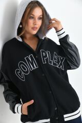 Unisex Complex Naskışlı Kol Detay Kapüşonlu Kolej Ceket -siyah Siyah - XL