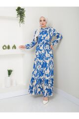 Kadın Çiçek Desenli Maxi Boy Kuşaklı Elbise Mavi - S