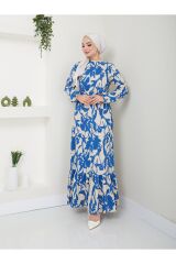 Kadın Çiçek Desenli Maxi Boy Kuşaklı Elbise Mavi - S