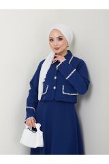 Kadın İnci Düğmeli Kapaklı Ceketli Etekli Takım Lacivert - S