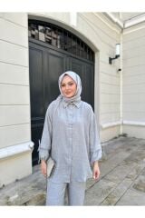 Kadın Kol Tünelli Keten İkili Takım Gri - XL