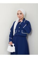 Kadın İnci Düğmeli Kapaklı Ceketli Etekli Takım Lacivert - M