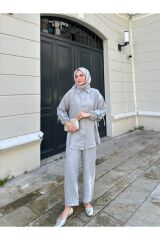 Kadın Kol Tünelli Keten İkili Takım Gri - L