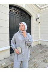 Kadın Kol Tünelli Keten İkili Takım Gri - L