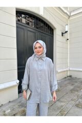 Kadın Kol Tünelli Keten İkili Takım Gri - L