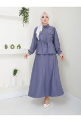 Kadın Bel Büzgülü Gömlek Yaka Çizgili Etekli Takım Gri - XL