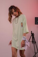 Ninja Cat Kabartmalı Oversize Tshirt Su yeşili - L