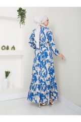 Kadın Çiçek Desenli Maxi Boy Kuşaklı Elbise Mavi - XL