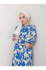 Kadın Çiçek Desenli Maxi Boy Kuşaklı Elbise Mavi - XL